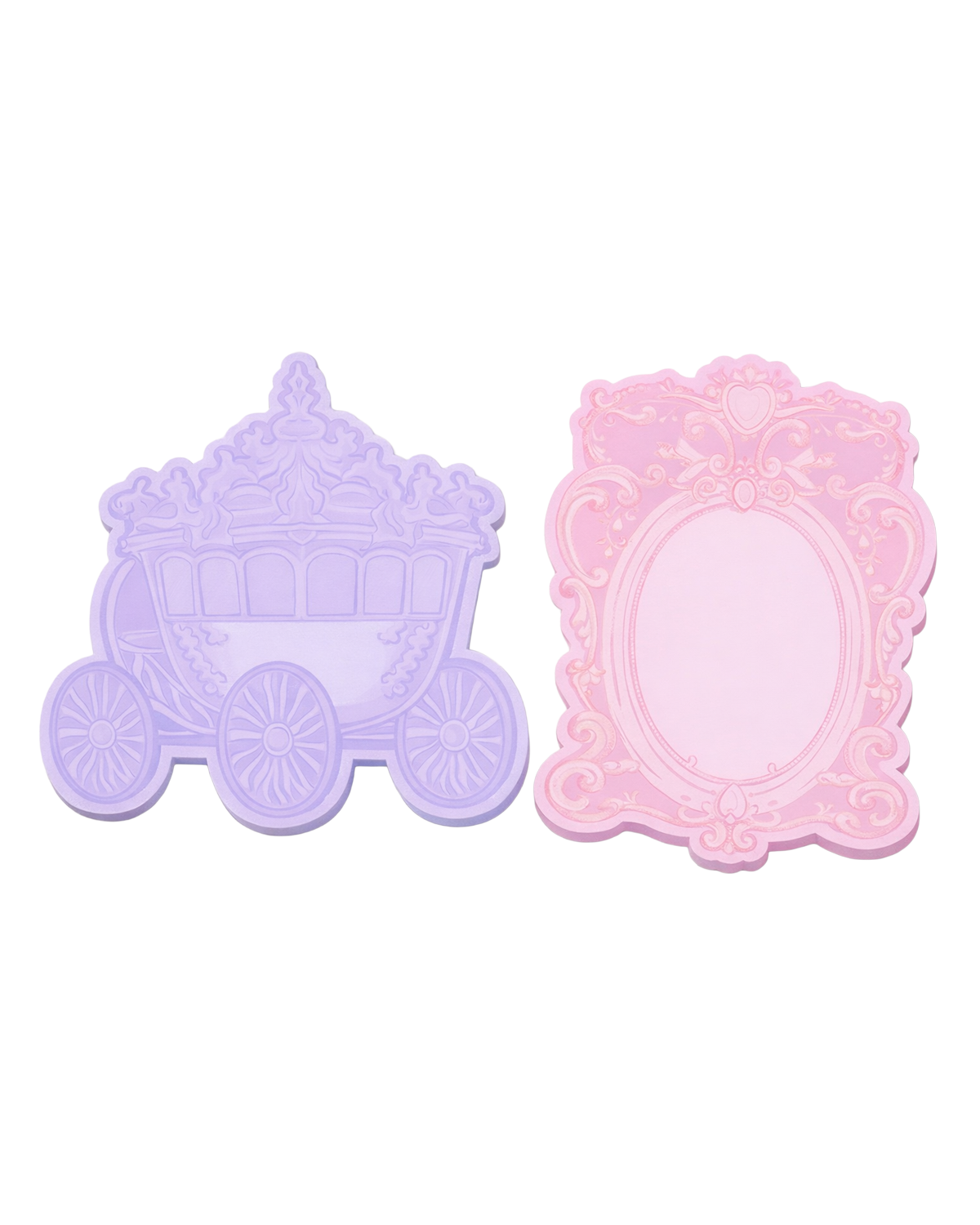 Pastel fairytale sticky notes shaped like a royal carriage and ornate mirror frame in lavender and pink tones.