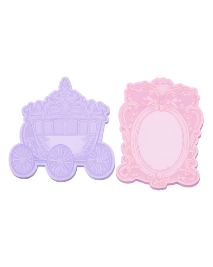 Pastel fairytale sticky notes shaped like a royal carriage and ornate mirror frame in lavender and pink tones.