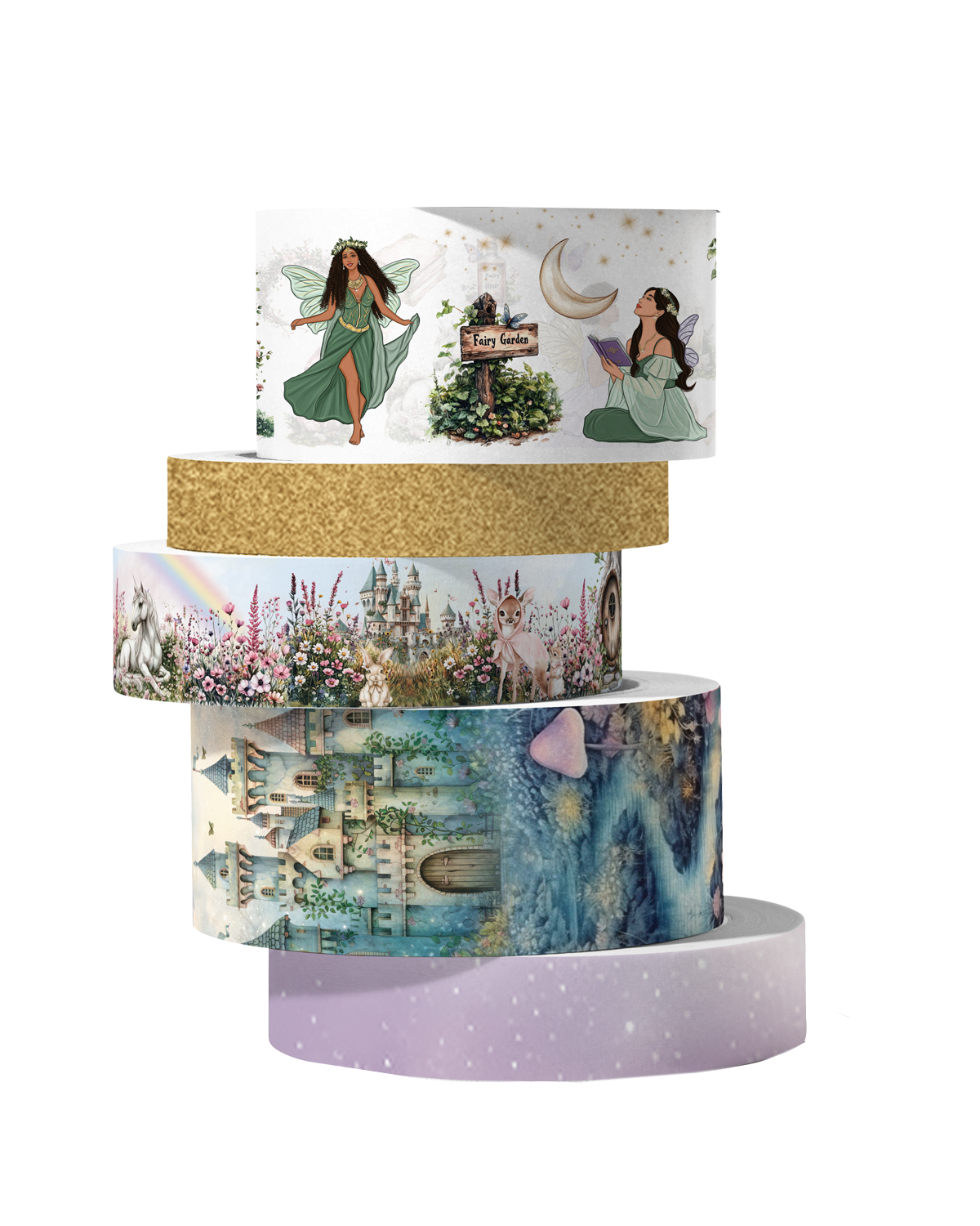 Stacked fairytale-inspired washi tapes with dreamy castle landscapes, fairy garden scenes, pastel florals, and magical fantasy artwork.