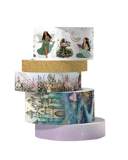 Stacked fairytale-inspired washi tapes with dreamy castle landscapes, fairy garden scenes, pastel florals, and magical fantasy artwork.