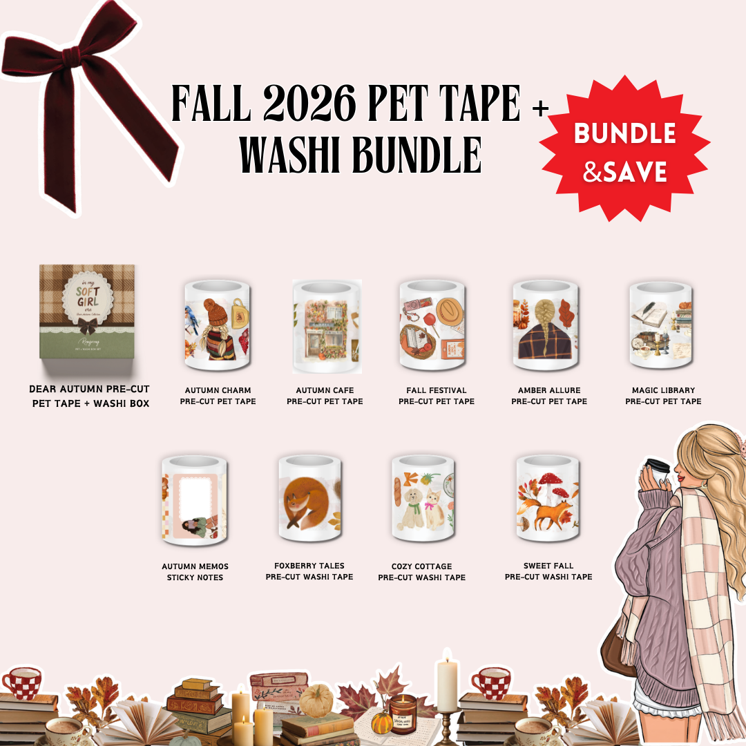 Promotional graphic for the Fall 2026 Pet Tape + Washi Bundle, featuring a dark brown ribbon at the top left and a red starburst that says &
