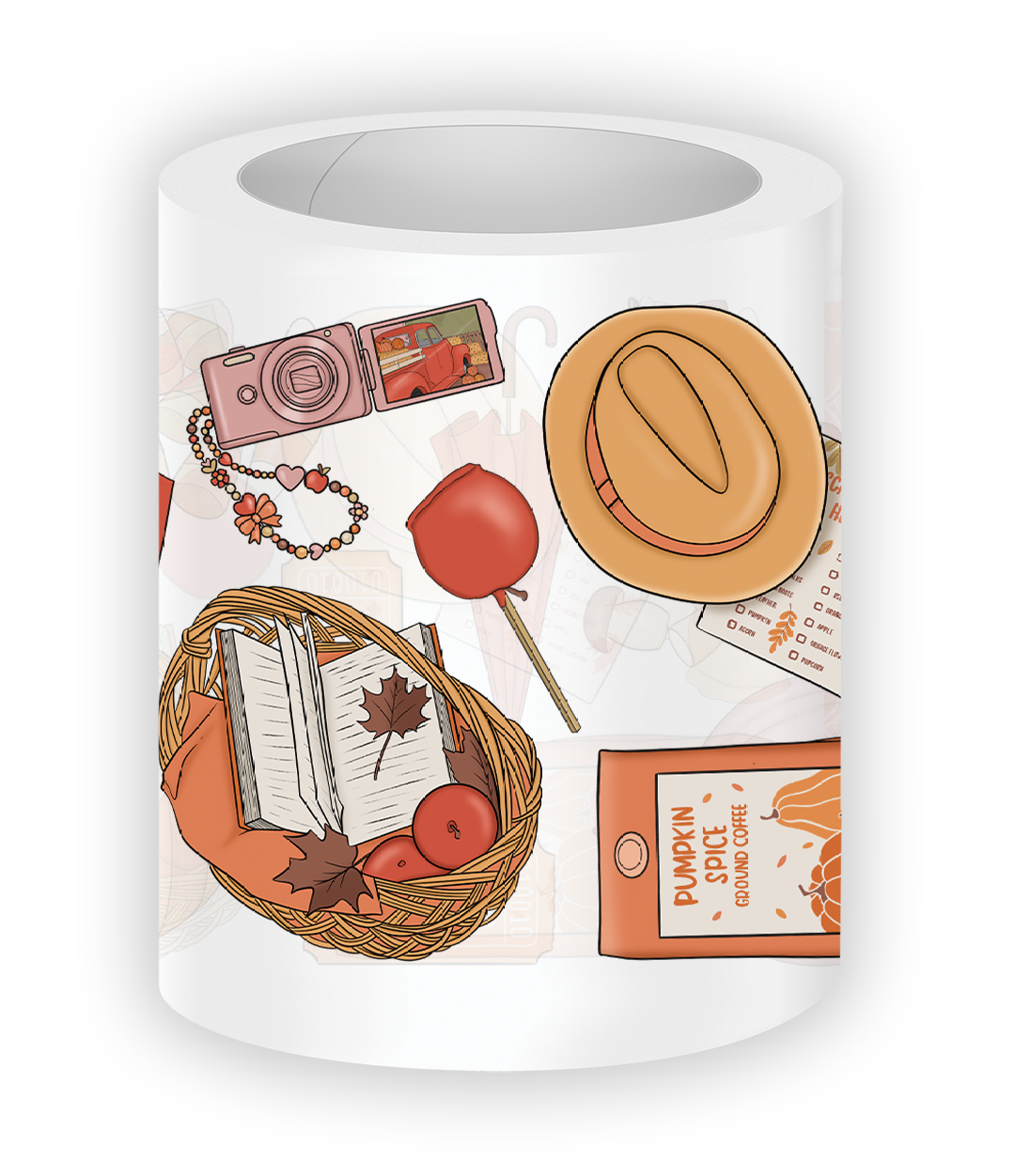 Close-up illustration from the Fall Festival PET Tape featuring a straw hat, caramel apple, pumpkin spice coffee, camera, and basket with books and apples in warm autumn colors.