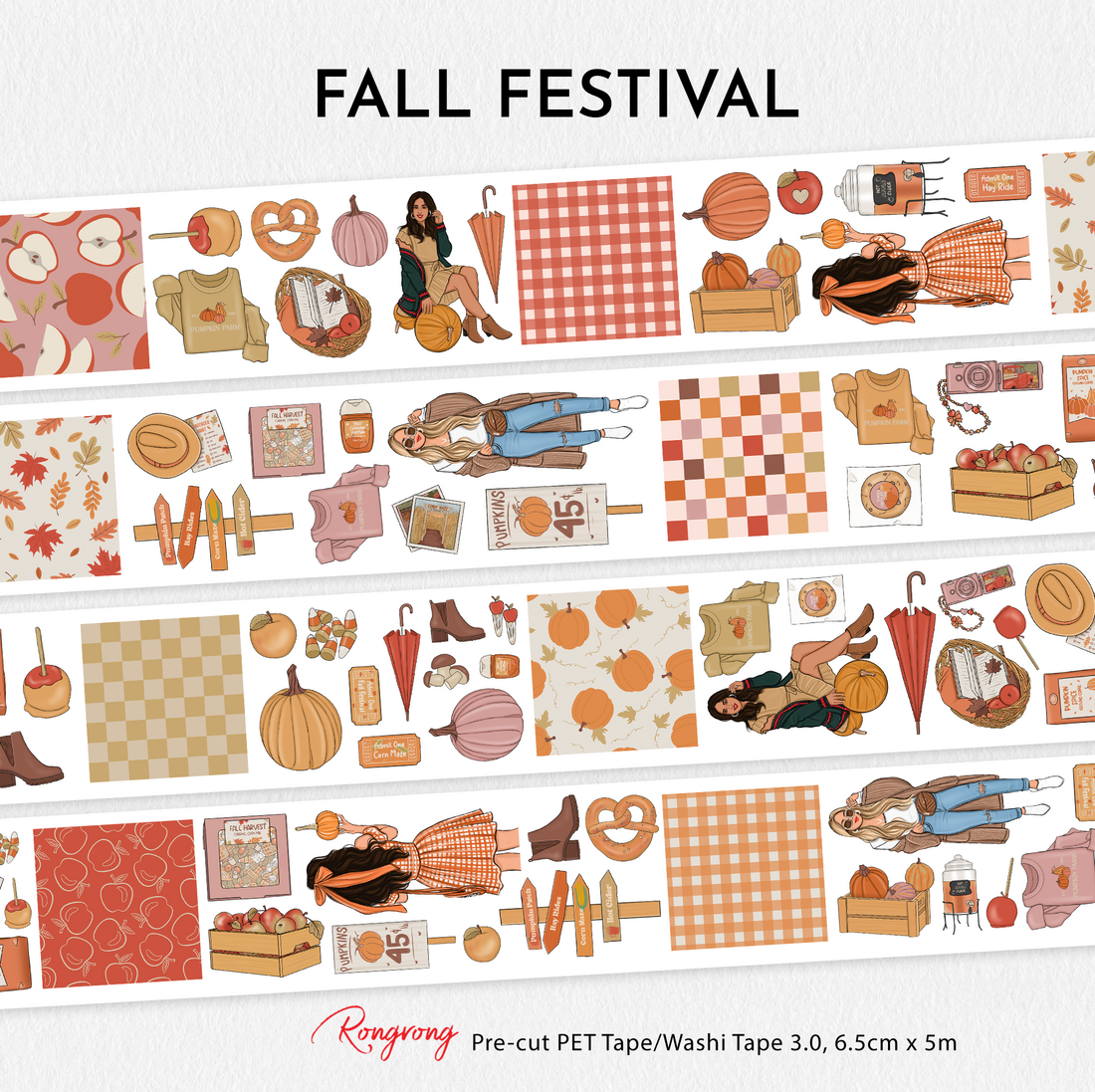 Full preview of the Fall Festival Pre-cut PET Tape featuring pumpkins, apples, cozy sweaters, gingham patterns, caramel apples, books, cameras, autumn fashion girls, and fall harvest illustrations.