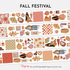 Full preview of the Fall Festival Pre-cut PET Tape featuring pumpkins, apples, cozy sweaters, gingham patterns, caramel apples, books, cameras, autumn fashion girls, and fall harvest illustrations.