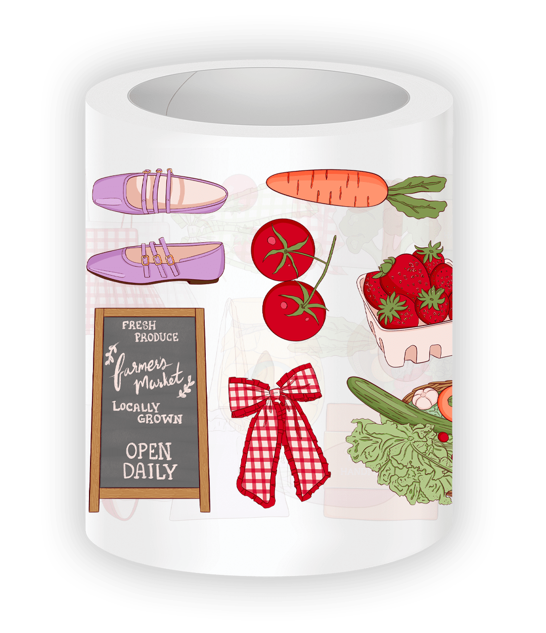 Farmers Market PET tape roll with colorful produce and market-themed illustrations

