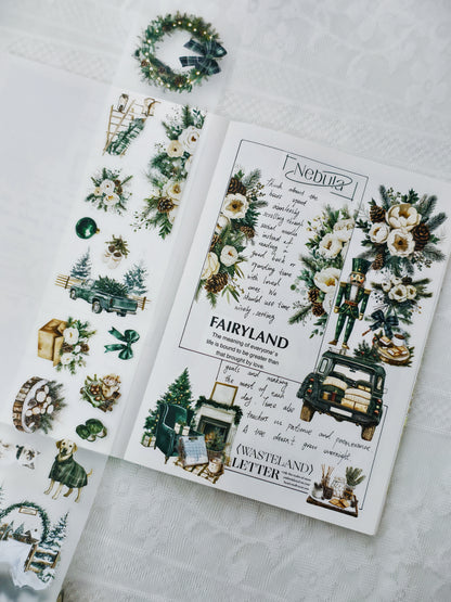 Festive Holiday Pre-cut PET Tape with Christmas ornaments and gifts