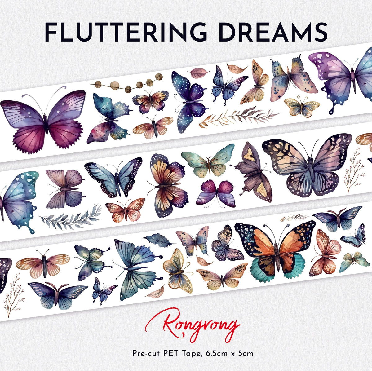 Butterfly-themed decorative tape with 'Fluttering Dreams' text and 'Rongrong' branding.
