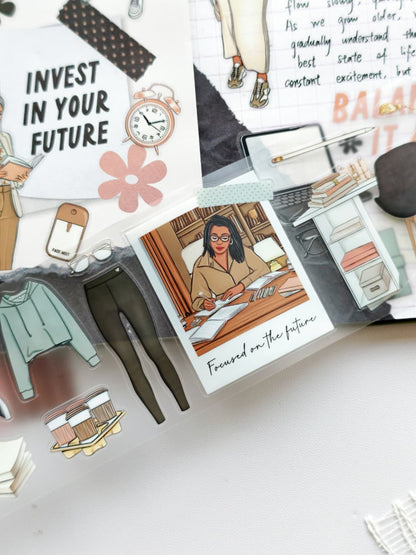 Close-up of My Comeback Era PET tape featuring a professional woman working at a desk, office furniture, coffee cups, books, glasses, and productivity-themed decorative elements.