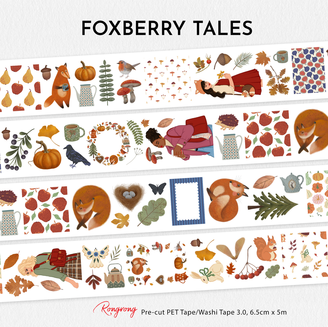 Foxberry Tales PET Tape 3.0 featuring woodland foxes, hedgehogs, rabbits, squirrels, mushrooms, pumpkins, birds, acorns, autumn leaves, cozy teacups, forest florals, and storybook-inspired fall illustrations for journaling and scrapbooking.