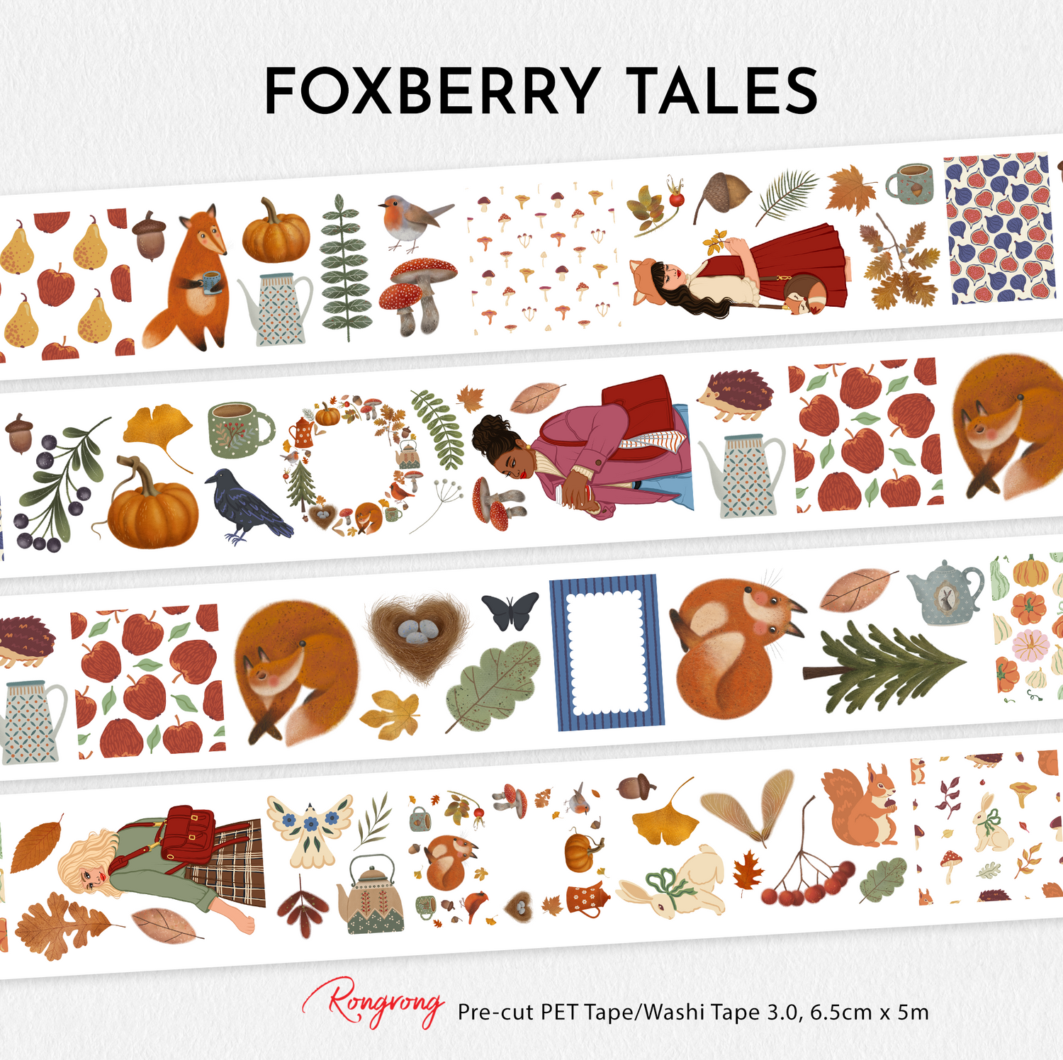 Foxberry Tales PET Tape 3.0 featuring woodland foxes, hedgehogs, rabbits, squirrels, mushrooms, pumpkins, birds, acorns, autumn leaves, cozy teacups, forest florals, and storybook-inspired fall illustrations for journaling and scrapbooking.