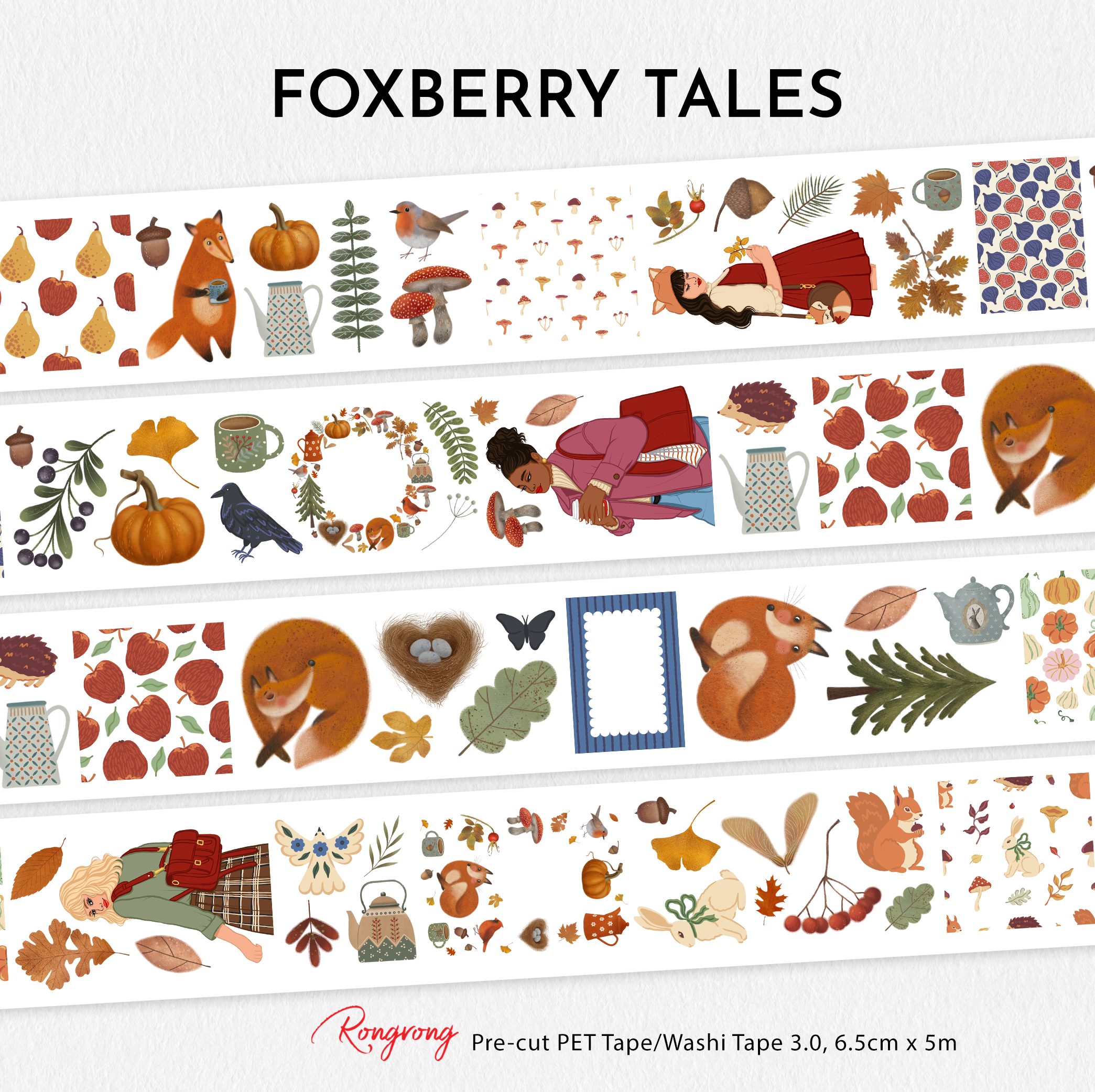 Foxberry Tales PET Tape 3.0 featuring woodland foxes, hedgehogs, rabbits, squirrels, mushrooms, pumpkins, birds, acorns, autumn leaves, cozy teacups, forest florals, and storybook-inspired fall illustrations for journaling and scrapbooking.
