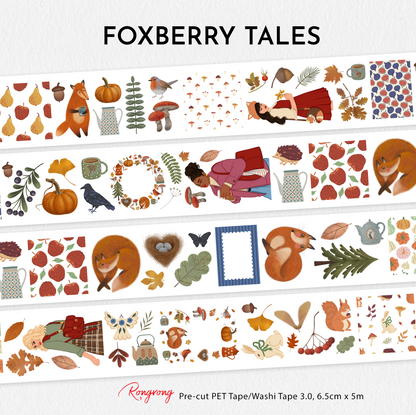 Foxberry Tales PET Tape 3.0 featuring woodland foxes, hedgehogs, rabbits, squirrels, mushrooms, pumpkins, birds, acorns, autumn leaves, cozy teacups, forest florals, and storybook-inspired fall illustrations for journaling and scrapbooking.