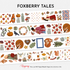 Foxberry Tales PET Tape 3.0 featuring woodland foxes, hedgehogs, rabbits, squirrels, mushrooms, pumpkins, birds, acorns, autumn leaves, cozy teacups, forest florals, and storybook-inspired fall illustrations for journaling and scrapbooking.