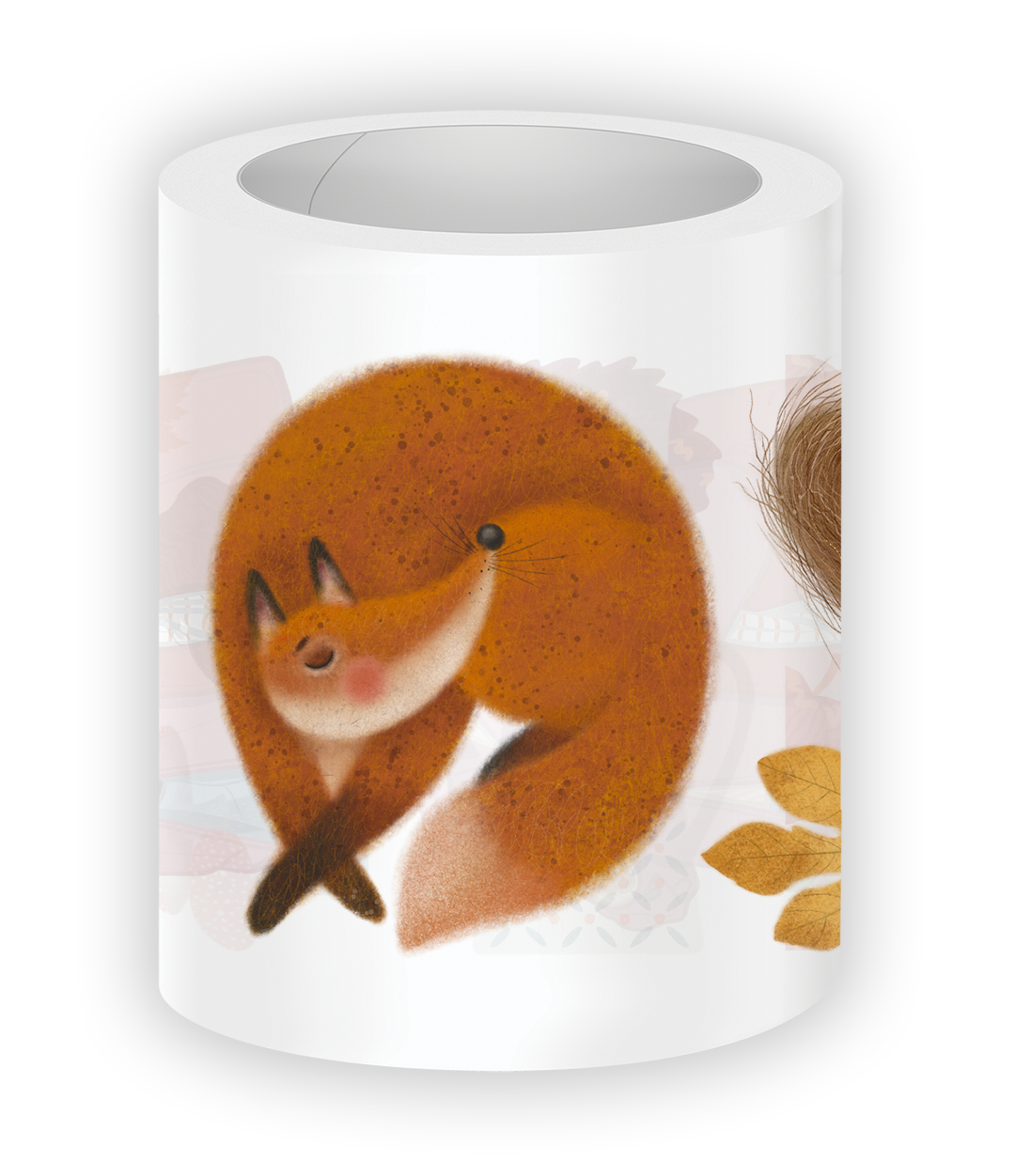 Foxberry Tales pre-cut PET tape featuring a whimsical curled-up fox illustration in warm autumn tones with soft woodland-inspired artwork and seasonal leaves.