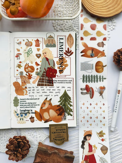Open journal featuring a woodland-inspired autumn spread decorated with Foxberry Tales Washi Tape. The layout includes foxes, squirrels, rabbits, birds, mushrooms, pine trees, acorns, and a cozy autumn girl in warm earthy tones.