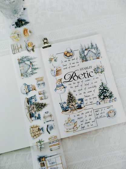 Winter PET tape featuring frosted florals and icy seasonal illustrations