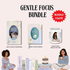Gentle Focus Bundle featuring three coordinating stationery products: the Gentle Focus Sticker Book with a soft floral cover illustration, the Gentle Focus Journal with a pastel floral hardcover and elastic closure, and the Gentle Focus Pre-cut PET Tape showcasing a woman journaling. The design includes a red "Bundle & Save" badge and decorative illustrations of cozy readers, stacked books, a candle, and lavender on a warm neutral background.