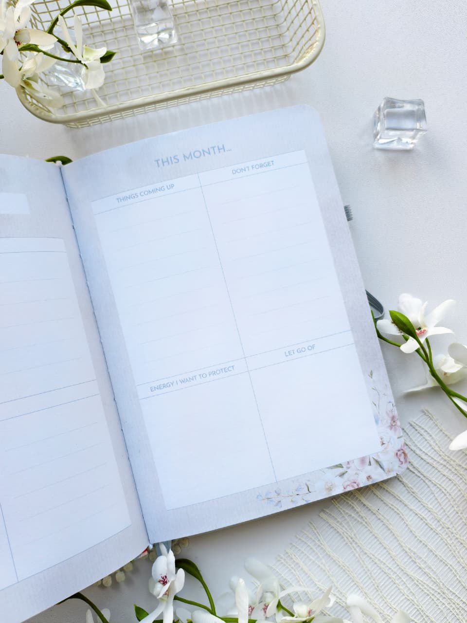 An open Gentle Focus journal displaying a monthly planning page with dedicated sections for monthly goals, due dates, projects and habits, and notes. Soft floral accents along the bottom edge and a clean pastel layout create a calm, elegant space for organizing the month ahead.