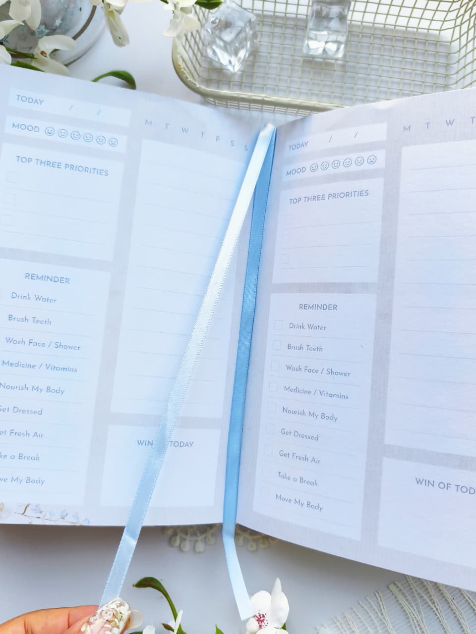 An open Gentle Focus journal showcasing two ribbon bookmarks and its thoughtfully designed daily planner pages. The spread includes sections for mood tracking, top three priorities, reminders, a daily schedule, and a "Win of Today" reflection, all presented in a soft pastel layout with elegant floral accents.