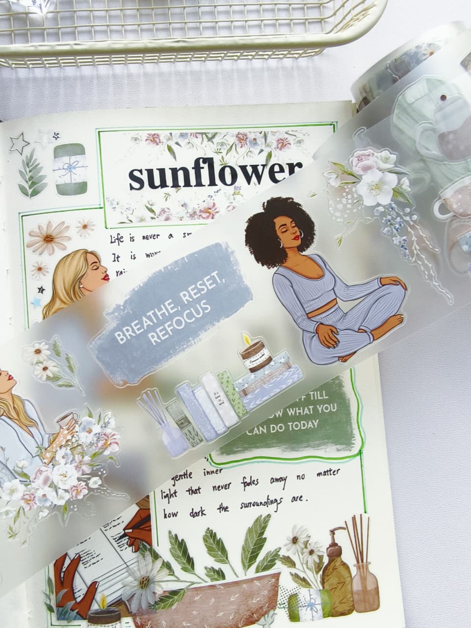 Gentle Focus pre-cut PET tape showcasing calming floral bouquets, cozy reading scenes, meditation illustrations, books, candles, and inspirational quote stickers on transparent PET material.