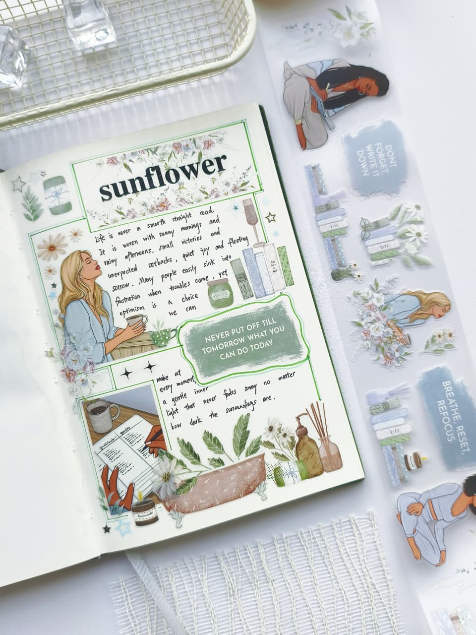 Planner layout decorated with Gentle Focus pre-cut PET tape featuring self-care illustrations, floral accents, books, candles, relaxing bath elements, and inspirational journaling quotes.