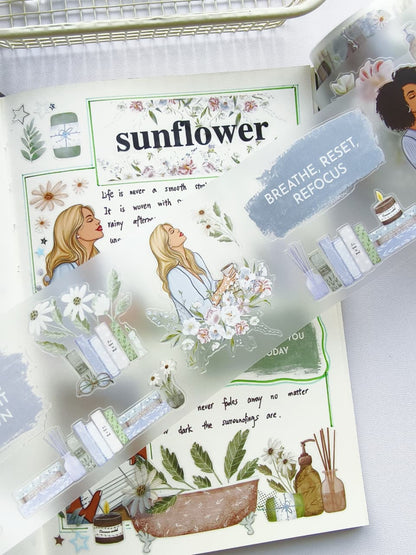 Transparent Gentle Focus PET tape featuring self-care illustrations, relaxing women, books, candles, flowers, wellness quotes, and peaceful decorative stickers for planners and journals.