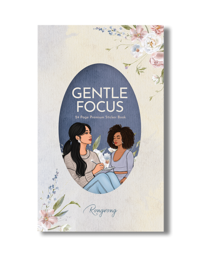 Gentle Focus with illustrations of two women and floral elements on a light background.