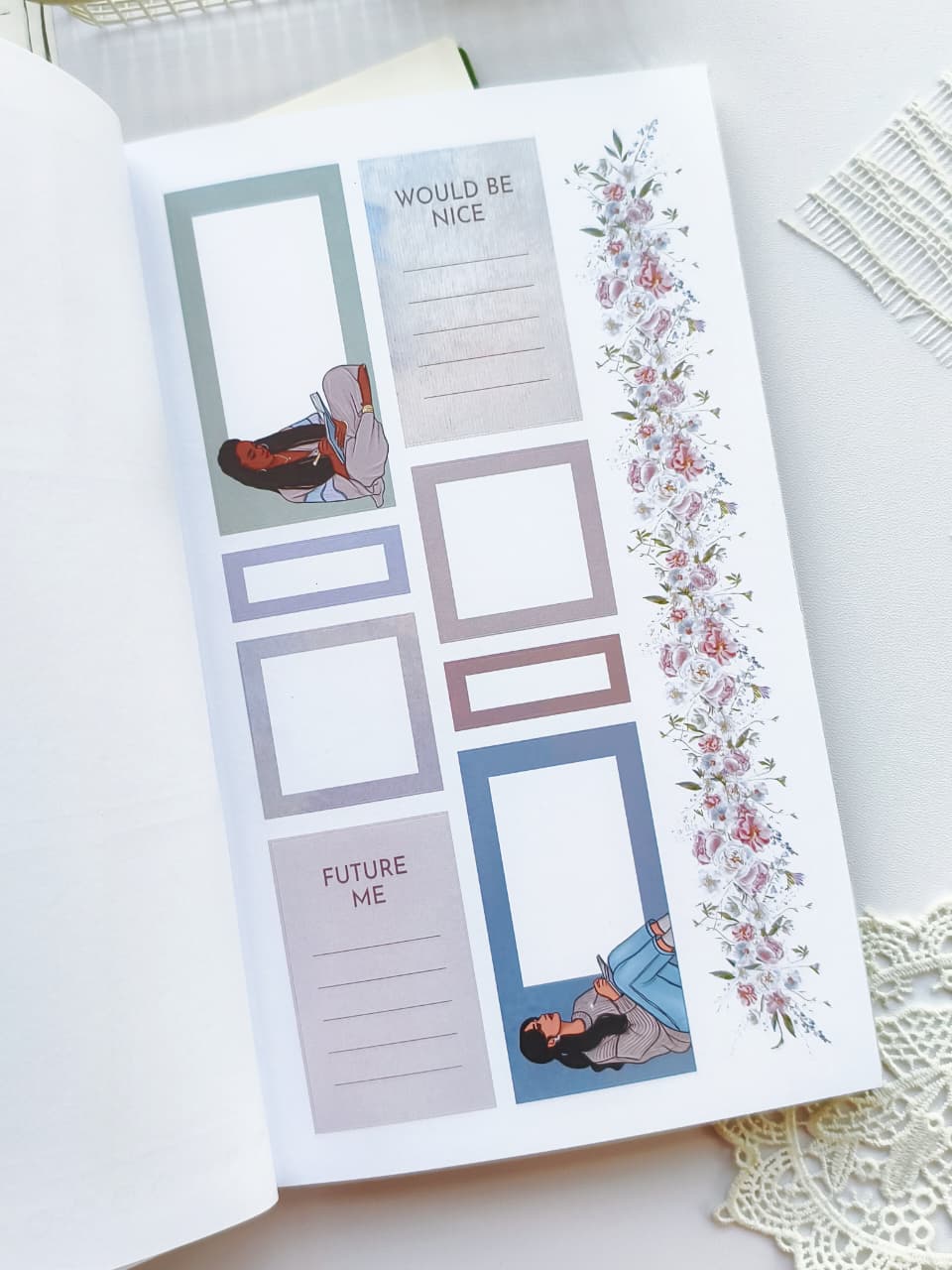 Sticker sheet with various design elements on a white surface