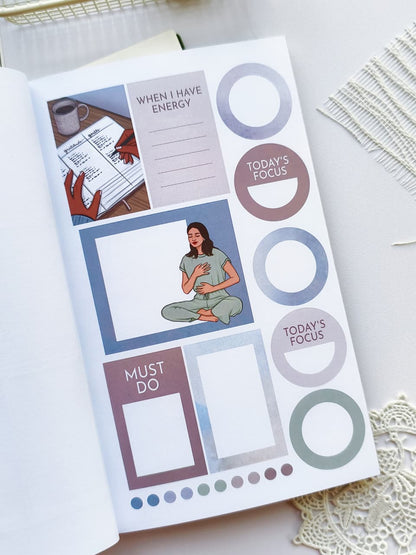 Sticker sheet with various design elements on a white surface