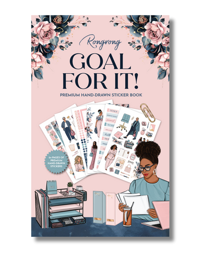 Sticker book cover with illustrations and text on a pink background