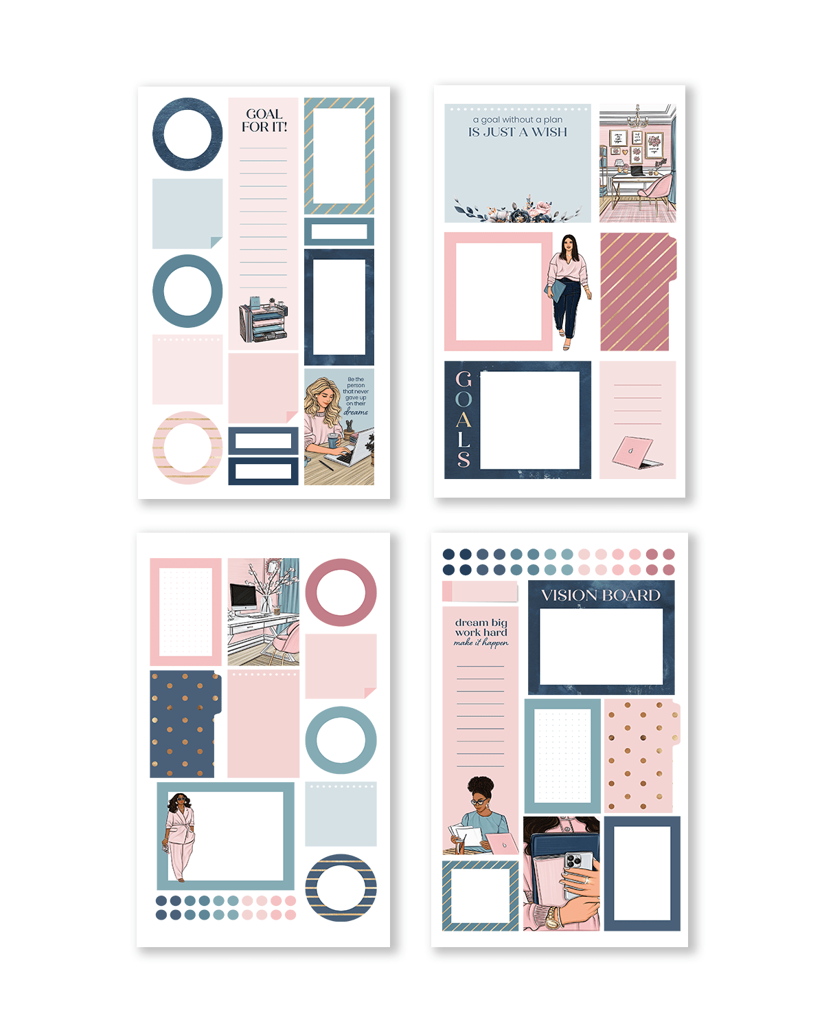Set of four planner sticker sheets with various designs on a white background