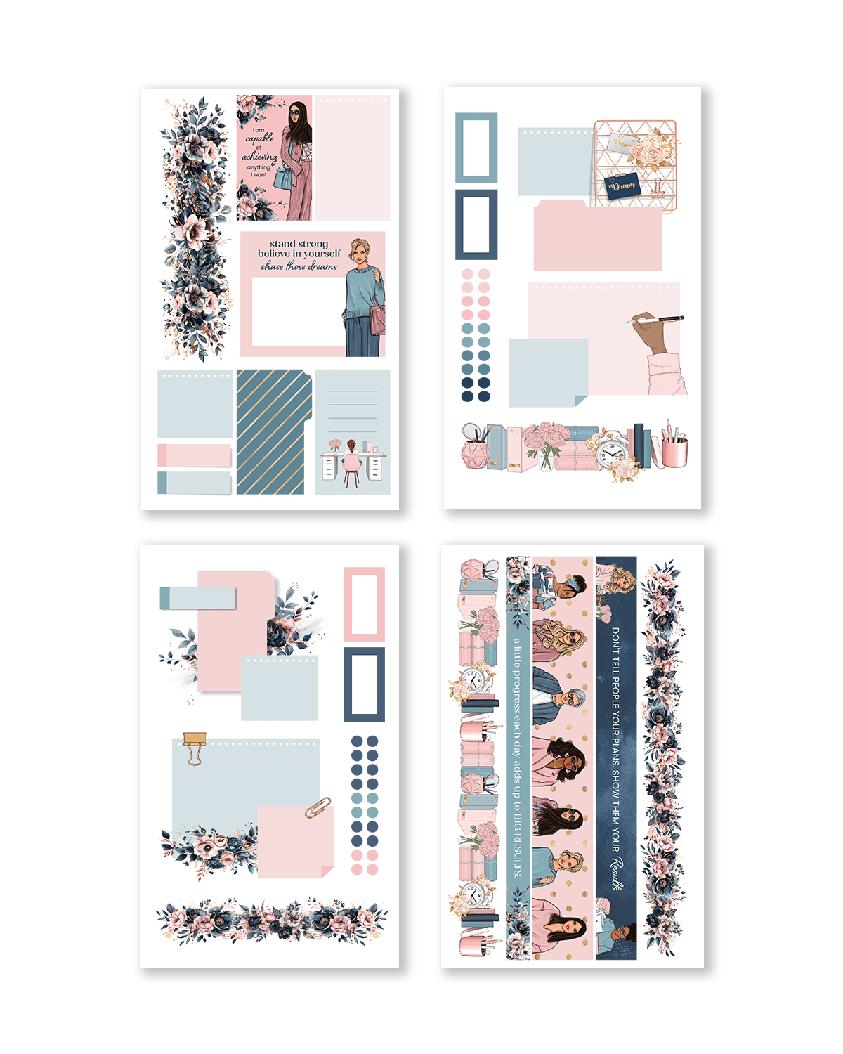 Collection of planner stickers with floral and geometric designs on a white background