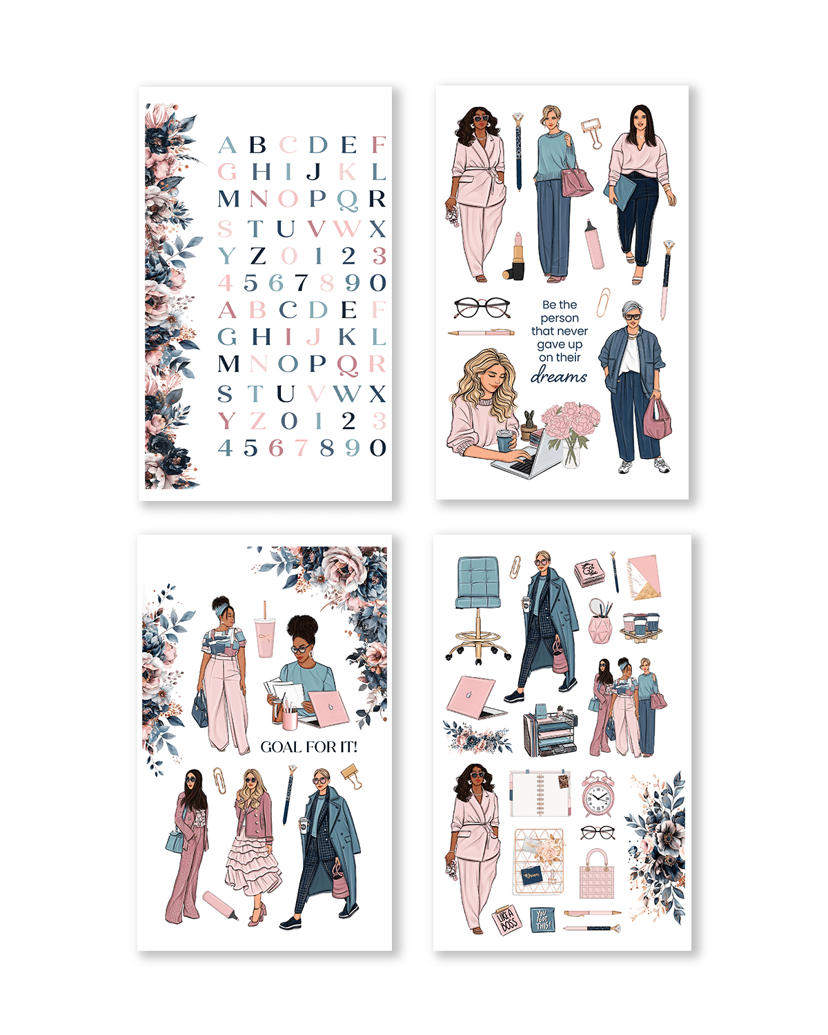 Set of four illustrated posters featuring women in professional attire, decorative elements, and text.