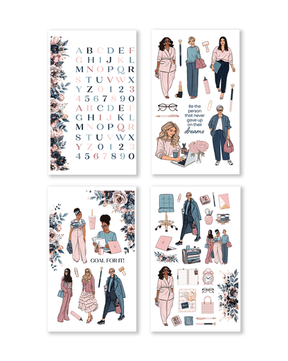 Set of four illustrated posters featuring women in professional attire, decorative elements, and text.