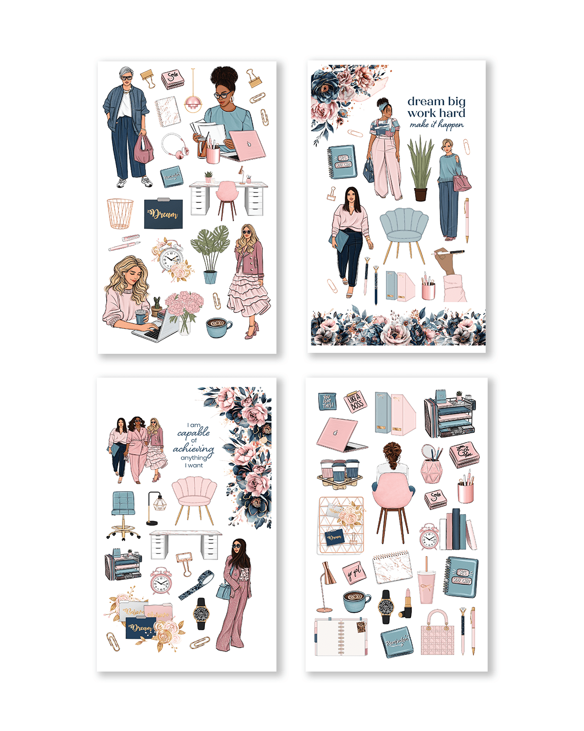 Set of four illustrated sticker sheets with people, office items, and floral designs on a white background.
