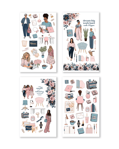 Set of four illustrated sticker sheets with people, office items, and floral designs on a white background.