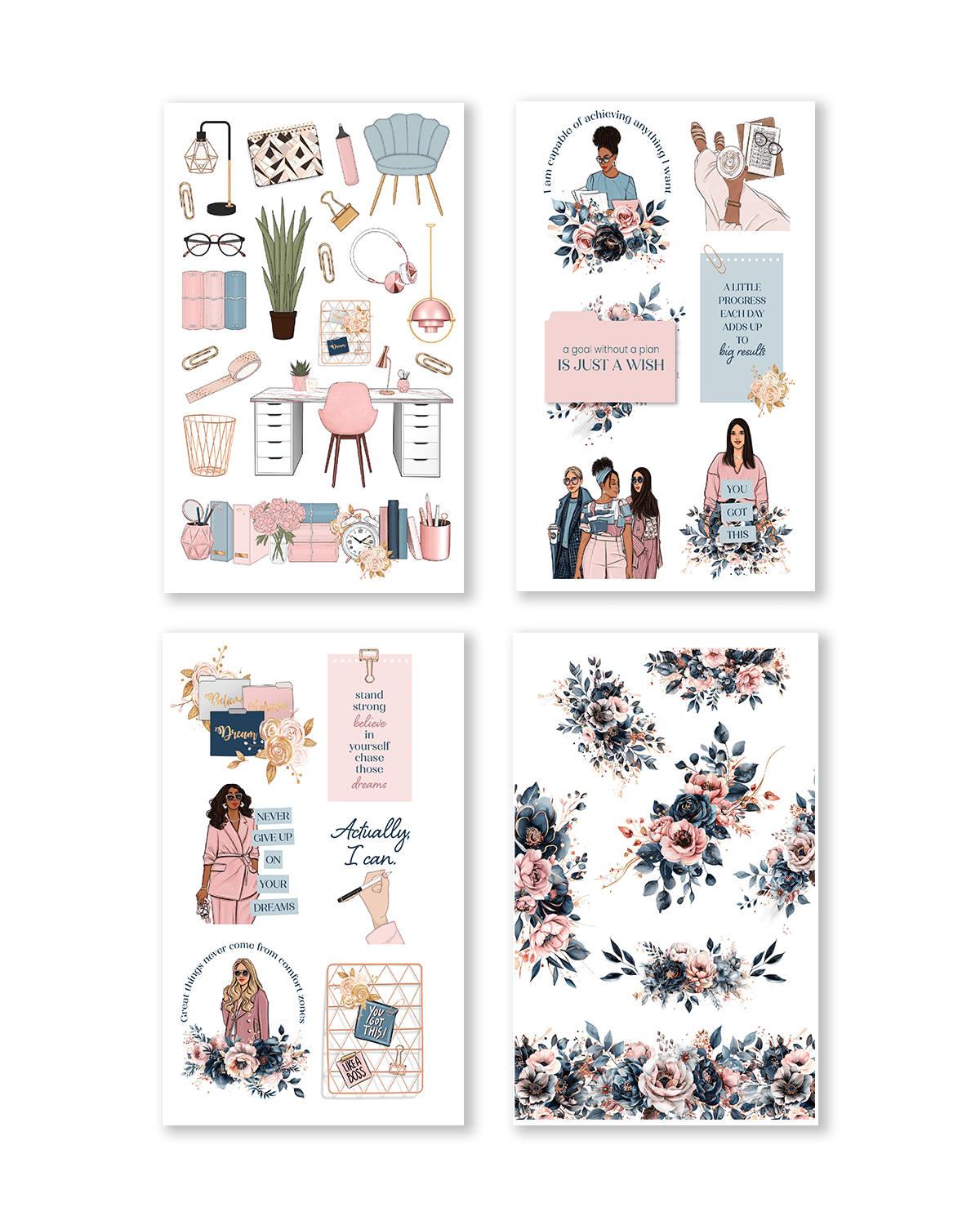 Set of four decorative prints with illustrations and text on a white background