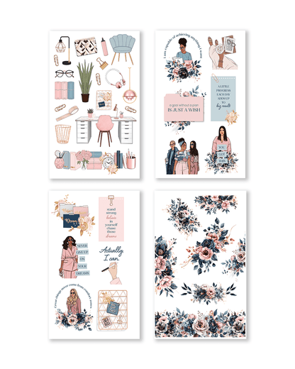 Set of four decorative prints with illustrations and text on a white background