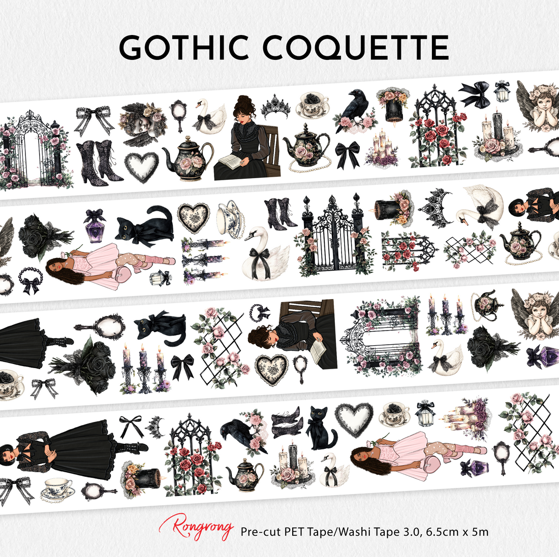 Gothic Coquette washi tape with various designs on a white background