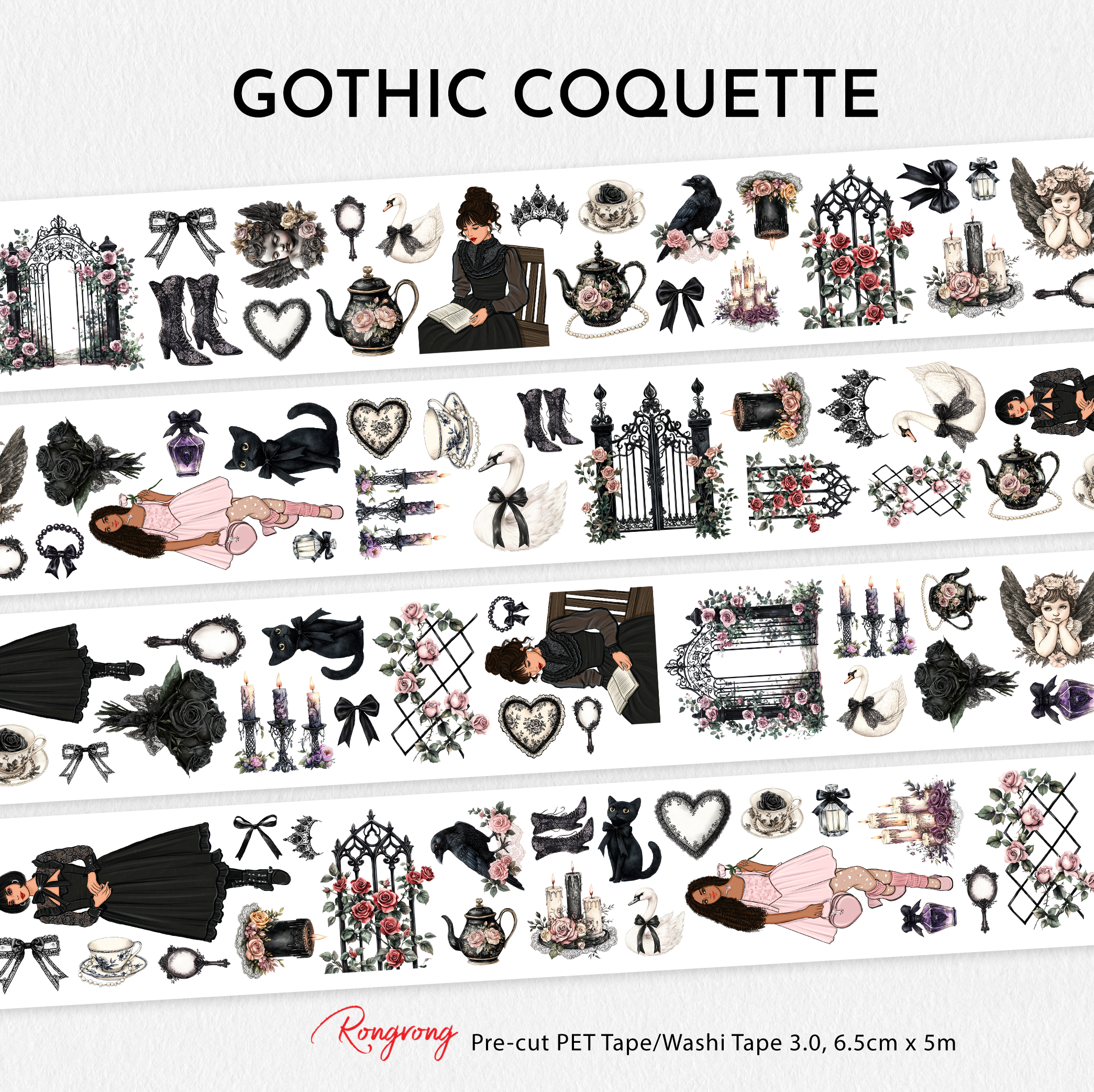 Gothic Coquette washi tape with various designs on a white background
