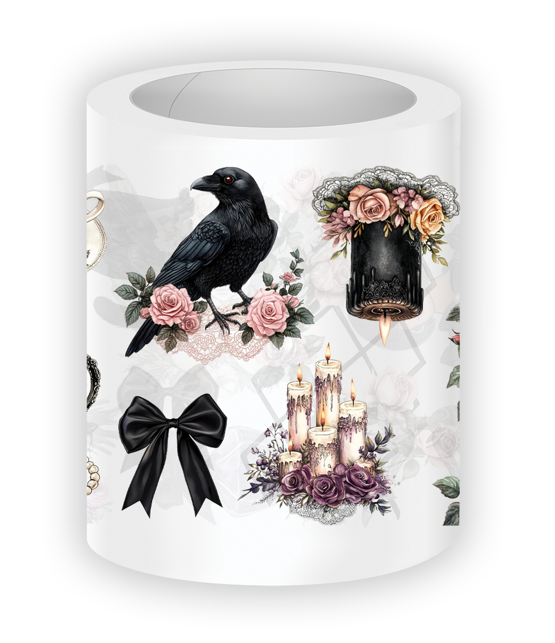 Decorative candle with a black crow, roses, and a castle design on a white background