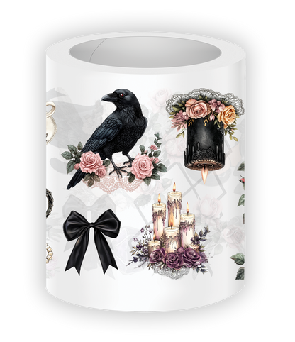 Decorative candle with a black crow, roses, and a castle design on a white background