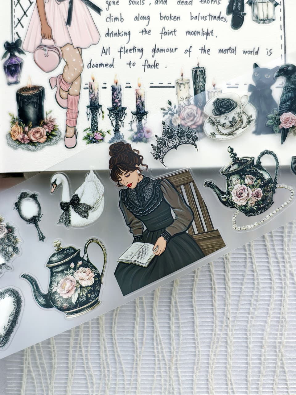Gothic Coquette transparent PET tape with gothic fashion illustrations, vintage teapots, black swan, ornate mirror, roses, candles, and Victorian-inspired decorative stickers.