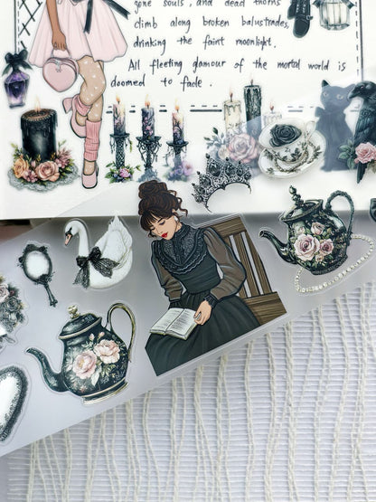 Gothic Coquette transparent PET tape with gothic fashion illustrations, vintage teapots, black swan, ornate mirror, roses, candles, and Victorian-inspired decorative stickers.