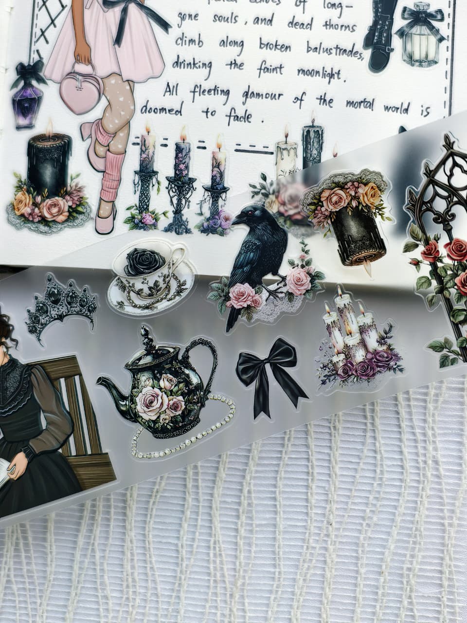 Transparent Gothic Coquette PET tape showcasing black floral teapots, ravens, gothic candles, bows, roses, and elegant vintage-inspired decorative stickers for planners and journals.
