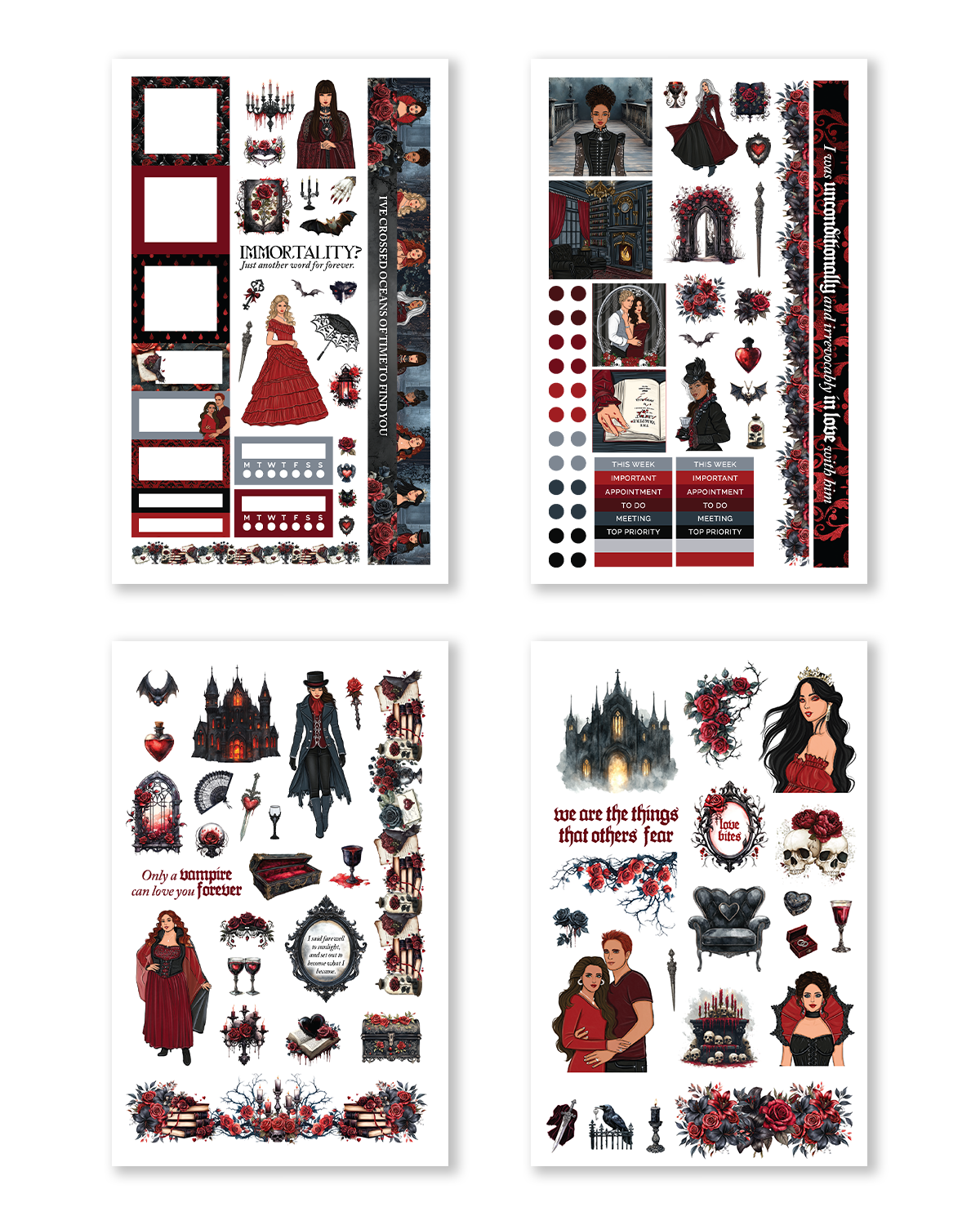 Dark romantic Halloween planner stickers featuring gothic fashion illustrations, vampire-inspired artwork, black roses, castles, candles, skulls, bats, and decorative planner elements.