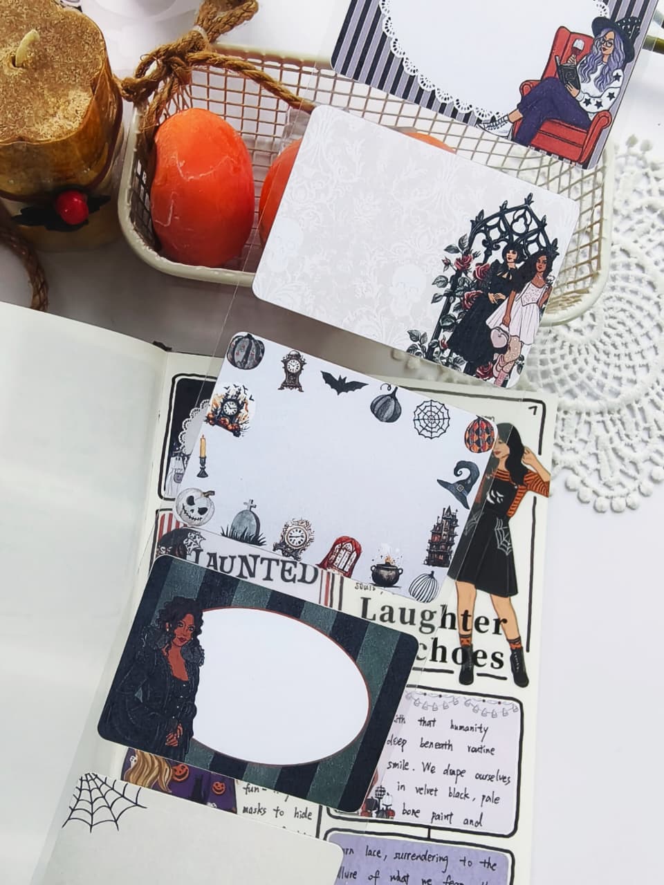Assortment of Halloween-inspired sticky notes featuring witches, bats, vintage frames, ghosts, pumpkins, and gothic-style characters, perfect for journaling, planning, and note-taking.