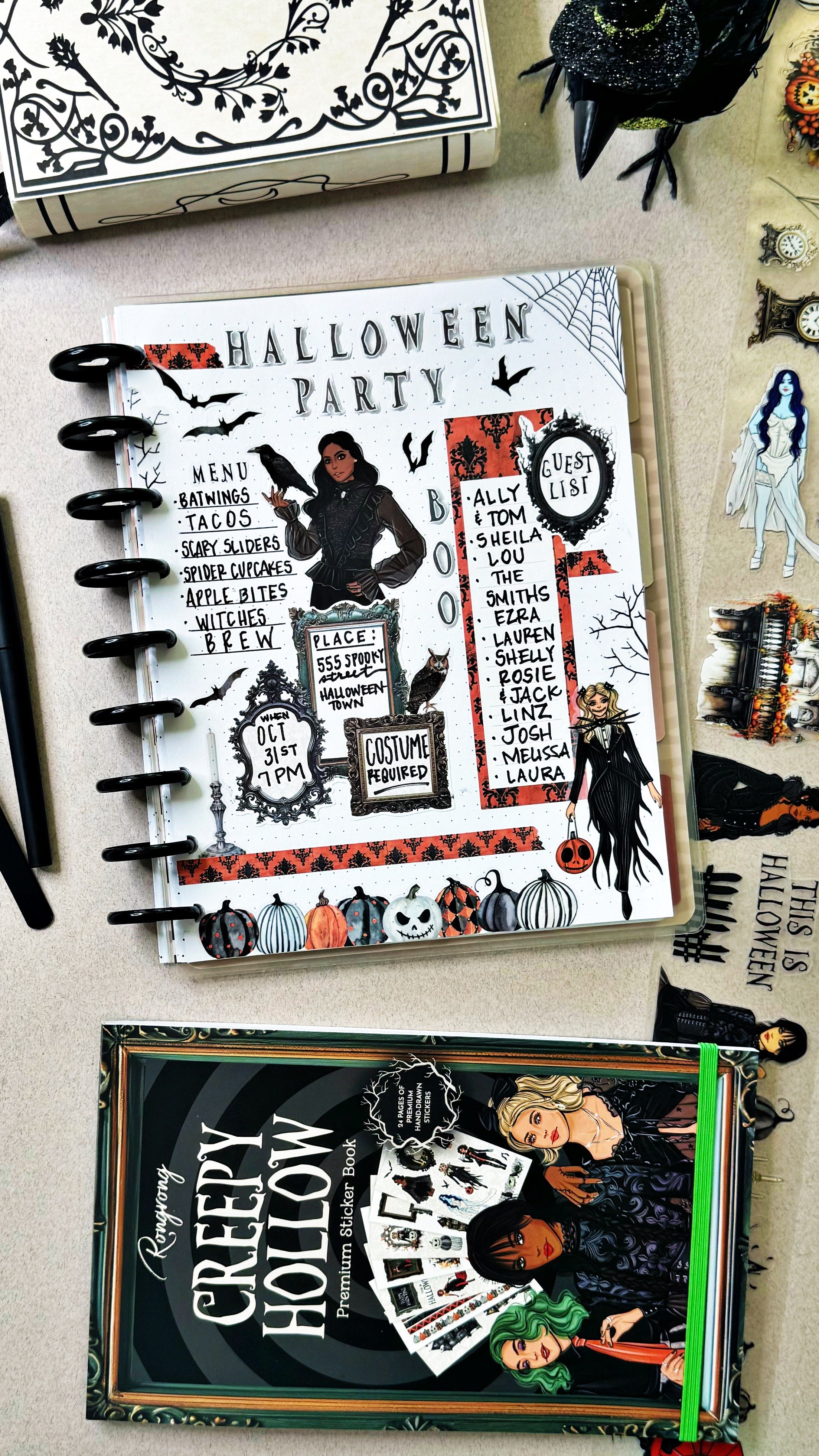 A delightful mix of decorative stickers with vibrant colors and spooky themes, ideal for your journaling and scrapbooking needs.