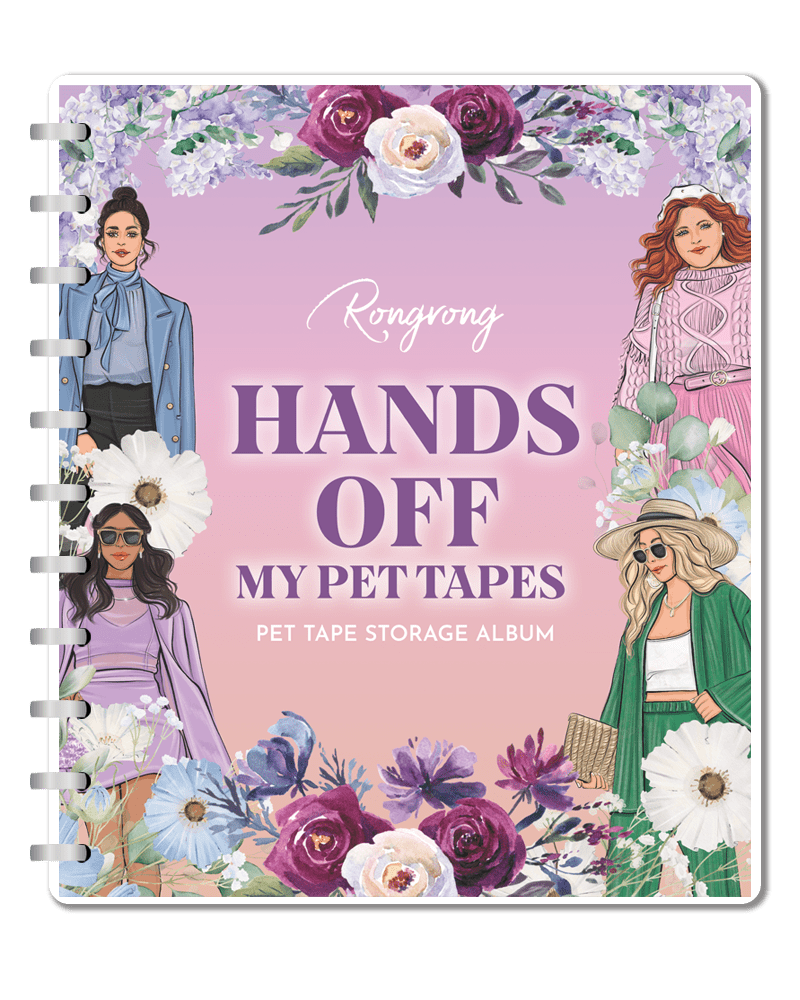 Pet tape storage album with illustrated women and floral design on a pink background