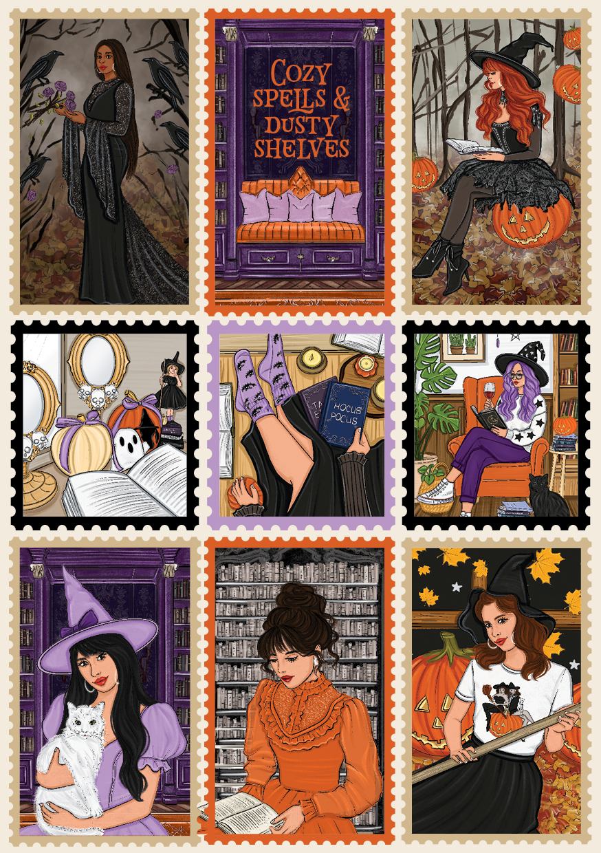 Vintage postage stamp collage paper featuring witches, pumpkins, books, black cats, cozy reading scenes, Halloween décor, and magical autumn artwork.